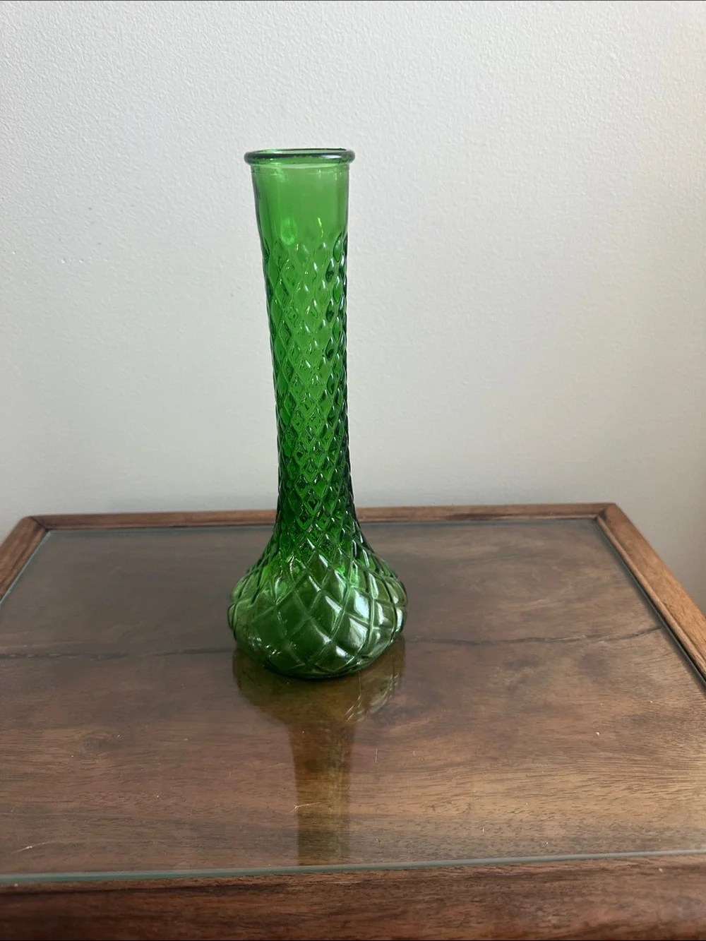 Vintage Hoosier Green Glass Diamond Quilted Bud Vase 9”